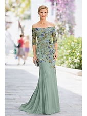 cheap Floor Length-Mermaid Trumpet Floor Length Cocktail Dress Wedding Guest Dress Mother of the Bride Dress Half Sleeve Off Shoulder Elegant Simple Casual Formal Chiffon Lace with Pleats Embroidery Appliques