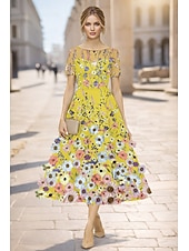 Недорогие Коктейльные платья-А-силуэт До щиколотки Ниже колена коктейльные платья Элегантный стиль С цветами С короткими рукавами Вырез лодочкой Свадьба Официальные Кружева с Вышивка Аппликации