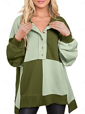 Недорогие Простые худи-Жен. Pullover Толстовки Пэчворк Пуговицы Контрастных цветов Мода Классика Современное Длинный рукав Вырез под горло Обычные топы Для улицы На каждый день Синий Черный Розовый Небесно-голубой Зеленый