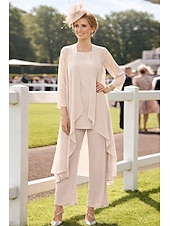 voordelige Broekpakken van mama-3-delig pak Tot de grond Moeder van de bruid jurk Mouwloos Nek boot Elegant Grote maten Bruiloft gast Chiffon Wrap inbegrepen met Effen kleur