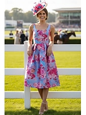 abordables Longitud del té-Corte A Vestido Midi Vestido Cóctel Vestido Invitada Boda Vestido Derby Vestido de Madrina Sin Mangas Camiseta con cuello redondo Elegante Invitado a la boda El derby de Kentucky Satén con Impresión