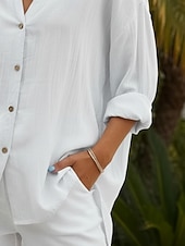 billiga Viktiga Falska Skjortor-Dam Skjorta Button Down skjorta Casual skjorta Knappar Slät Stylish Klassisk Modern Långärmad Tröjkrage Vanliga toppar Dagligen Helgdag Utekväll Blå Vit Rodnande Rosa Sommar Vår