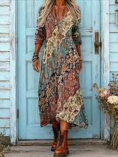 billige Boho-kjoler-Dame Midikjole Vintage kjole Uformell kjole Årgang Normal Grafisk Paisly Langermet V-hals Rød Sommer Vår