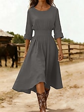 お買い得  シンプルなドレス-女性用 ミディドレス A ラインドレス 旅行度假风 カジュアル レギュラー 平織り 七分袖 クルーネック ブルー ブラック ピンク ネイビーブルー 夏 春 秋