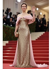 cheap Ball Gown Evening Dresses-Sheath Column Overskirt Wedding Guest Dress Formal Dresses Evening Gown Prom Dresses Elegant Sleeveless Off Shoulder Prom Formal Organza Sequined with Color Block