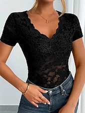 economico Top in Pizzo-Per donna Blusa Top in pizzo Floreale Semplice Elegante Sexy Classico Manica Corta Scollo a V Top Regolari Quotidiano Ferie Uscire Nero Bianco Rosso Verde Estate Primavera