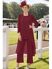 voordelige Broekpakken van mama-3-delig pak Tot de grond Moeder van de bruid jurk Mouwloos Nek boot Elegant Grote maten Bruiloft gast Chiffon Wrap inbegrepen met Effen kleur