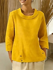Χαμηλού Κόστους Βασικά Ψεύτικα Πουκάμισα-Γυναικεία Μπλούζα Ντυτές μπλούζες Λινό από ψεύτικο βαμβάκι Σουρωτά Κουρελού Κουμπιά Συμπαγές Χρώμα Σκέτο Κομψό κυρίες Κλασσικό Μακρυμάνικο Στρογγυλή Ψηλή Λαιμόκοψη Κανονικά μπλουζάκια