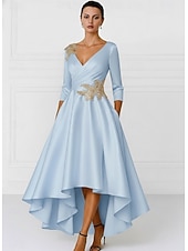 billige Te Lengde-A-linje Asymmetrisk Festkjole Cocktail Kjole Gjestekjole til bryllup Kjole til brudens mor Langermet V-hals Elegant Formell Sateng med Appliqué
