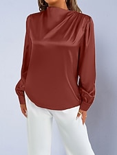 voordelige Chique Blouses-Dames Overhemd Satijnen overhemd Normaal shirt Met ruches Effen Stijlvol Basic Klassiek Lange mouw Hoge nek Normale tops Dagelijks Feestdagen Uitgaan Zwart Wit Wijn Rood Lente Herfst