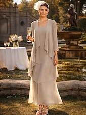 cheap Mom's Dress Sets-Sheath Column Ankle Length Wedding Guest Dress Mother of the Bride Dress Sleeveless V Neck Elegant Simple Wedding Guest Semi Formal Chiffon with Tier Solid Color