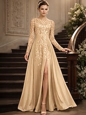 preiswerte Bodenlänge-A-Linie Bodenlang Kleid für Hochzeitsgäste Abendkleid Brautmutterkleid Langarm Juwelenhals Elegant Hochzeitsgast Formeller Abend Chiffon Spitze Paillettenbesetzt mit Geteilter Vorderteil Raffung
