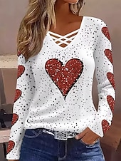 preiswerte Kunst &amp; Design T-Shirt-Valentinstag Damen T Shirt Ausschnitt Druck Herz Grafik Vintage Stilvoll Klassisch Langarm V Ausschnitt Normale Oberteile Täglich Weiß Frühling Herbst