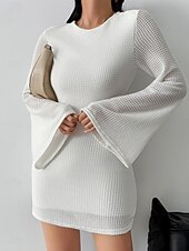 Χαμηλού Κόστους Φορέματα Αποφοίτησης-Γυναικεία Μίνι φόρεμα Λευκό φόρεμα Φόρεμα αποφοίτησης Φόρεμα Bodycon Κομψό Μοντέρνα Μανίκι Flare Cuff ΕΞΩΤΕΡΙΚΟΥ ΧΩΡΟΥ Διακοπές Εξόδου Κανονικό Σκέτο Μακρυμάνικο Στρογγυλή Ψηλή Λαιμόκοψη Μαύρο Λευκό