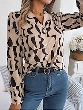 Недорогие Цветочные блузки-Жен. Рубашка Рубашка на пуговицах Повседневная рубашка Пуговицы Геометрический принт Стиль Классика Современное Длинный рукав Рубашечный воротник Обычные топы Повседневные Офис Праздники