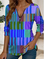 preiswerte Streifen- und geometrisches T-Shirt-Damen T Shirt Reißverschluss Druck Grafik Geometrisch Vintage Stilvoll Lässig Langarm Rundhalsausschnitt Normale Oberteile Täglich Blau Purpur Orange Grün Sommer Frühling