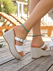 tanie Sandały na koturnie-damskie białe sandały na koturnie z paskiem ze sprzączką – stylowe i wygodne obuwie na lato, plażę i imprezy przy basenie