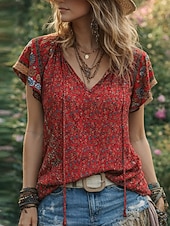 preiswerte Blumenblusen-Damen Bluse Druck Blumen Bohemien Vintage Lässig Kurzarm V Ausschnitt Normale Oberteile Täglich Ferien Ausgehen Blau Rote Braun Aprikose Sommer Frühling