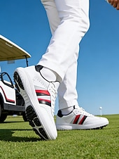 cheap Men's Golf Shoes-Men's White Golf Sneakers, Athletic Lace-Up Design with Color Stripe Detail, Shock-Absorbing Sole, Modern Sport Style for Golf Courses