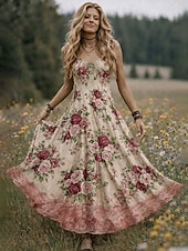 cheap Boho Dress-Mardi Gras Women's Midi Dress Boho Casual Dress Swing Dress Summer Dress  Dress Vintage Beach Regular Fit Floral Graphic Sleeveless Crew Neck Sweetheart Blue Pink Beige Summer Spring