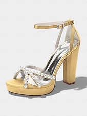 cheap Bride-Women's Ivory Platform Chunky Block Heel Sandals, Pearl-Embellished Ankle Strap Bridal Shoes for Church Weddings
