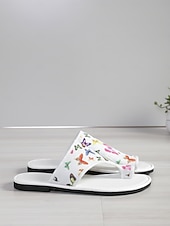 cheap Slide Sandals-Women's White Butterfly Print Flat Slide Sandals – Casual Summer Style, Lightweight Comfort for Ladies, Beach, Vacation, Garden &amp; Daily Wear