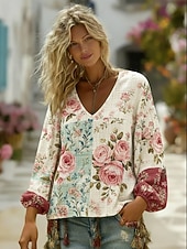  Γυναικεία Πουκάμισο Μπόχο πουκάμισο Λινό από ψεύτικο βαμβάκι Στάμπα Φλοράλ Γραφική Βοημία Βίντατζ Κλασσικό Μακρυμάνικο Λαιμόκοψη V Κανονικά μπλουζάκια Καθημερινά Αργίες Εξόδου Μπεζ