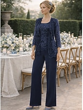 billige Mammas buksedresser-Buksedress gulvlengde mor til bruden kjole lang erme firkantet hals elegant bryllups gjest blonder med ensfarget