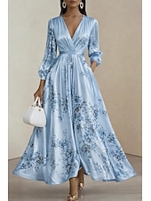 billige Cocktailkjoler-A-linje Gulvlengde Ankellengde Cocktailkjoler Elegant Blomster Langermet V-hals Hage fest Bryllup Sateng Cowlhals med Blomstertrykk