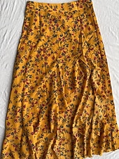 cheap Vacation Skirts-Women's Fashion Sexy Casual Knee-length High Waist Skirts Floral Print Split Ends Inelastic Daily Vacation Blue Black Yellow Summer