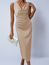 preiswerte Einfaches Kleid-Damen Midikleid Satinkleid Partykleid Figurbetontes Kleid Elegant Mode Modern Outdoor Urlaub Ausgehen Normale Passform Einfach Ärmellos Wasserfallausschnitt Hellgrün Grün Aprikose Sommer Frühling