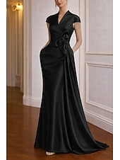 economico Abiti da ballo-Abito da ballo Strascico a Terra Abito da Sera Abito da ballo con sopragonna Elegante Manica a Cappuccio Scollo a V Matrimonio Formale Raso Elasticizzato con Fiori 3D Pieghe