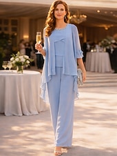 Недорогие Брючные костюмы для мам-Брючный костюм Костюм из 3 предметов В пол До щиколотки Платье для матери невесты Рукав до локтя Вырез под горло Элегантный стиль Простой минималист Свадебный гость Шифон с Кристаллы Каскадные оборки