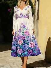 economico Abiti Floreali Stampati-Per donna Abito Midi Abito Boho Vestito Casual Moda Quotidiano All'aperto Vacanza Vestibilità regolare Floreale Manica Lunga Scollo a V Viola Estate Primavera Autunno