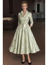 billige Ankellengde-A-linje Te-lengde Skjortekjole Formell kjole Aftenkjole Kjole til brudens mor 3/4 ermer Skjortekrage Elegant Årgang Formell Jacquard med Belte / bånd Sløyfe(r) Blomst