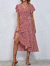 זול שמלות פרחוניות יומיומיות-בגדי ריקוד נשים שמלת מידי שמלת קז'ואל שמלת מעטפת שמלה פרחונית אלגנטית אופנתי מודרני בָּחוּץ חופשה ליציאה רגיל פרחוני שרוולים קצרים צווארון V שחור צהוב ורוד מסמיק אודם קיץ אביב