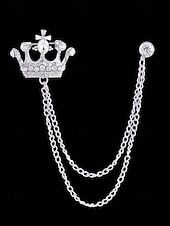 levne Svatba ACC-Pánská klopová brože s korunkou a řetízkem, materiál slitina, dostupné ve zlaté a stříbrné barvě, ideální pro svatby a večírky