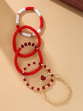 お買い得  レディースブレスレット-女性用ボヘミアンアクリルビーズブレスレットセット、ハートチャーム付きマルチカラーストレッチバングル、バレンタインデーのギフトや普段使いに最適な軽量重ね付け可能なブレスレット