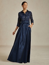  Dam Maxiklänning A linjeklänning Fit And Flare Klänning Elegant party Formell Kvällsfest Paisley 3/4 ärm Tröjkrage Marinblå