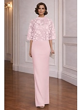 cheap Floor Length-Sheath Column Dress Floor Length Wedding Guest Dress Formal Dresses Evening Gown Mother of the Bride Dress Half Sleeve High Neck Elegant Simple Casual Formal Chiffon Jacquard Shawls with Lace