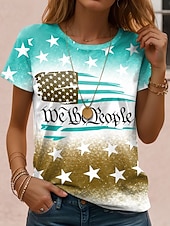  Dia da Independência Patriótico Camiseta de Mulheres Estampa Gráfica Bandeira Letra Vintage Moda Estilosa Manga Curta Gola Careca Regulares Tops Dia a Dia Impressão Vermelha Roxa Verde Caqui Verão