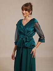 billige Kjolebluser-Dame Dressy topper knyte foran Illusjon Elegant 3/4 ermer V-hals Skjortekrage Vanlige topper Bryllupsgjest Cocktail antrekk Smaragd Grønn Sommer Vår Høst