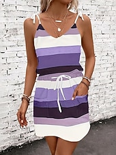 economico Abiti a Strisce e Geometrici-Per donna Mini Abito Tubino Abito Estivo Abito Sottoveste Casual Quotidiano Vestibilità regolare A righe Senza Maniche Scollo a V Blu Rosso Blu reale Viola Estate