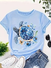 economico Maglietta Arte &amp; Design-Per donna Maglietta Stampato Oceano Tartaruga di mare Tropicale Hawaiano Casual Manica Corta Girocollo Top Regolari Quotidiano Uscire Matrimonio in Spiaggia Blu Bianco Azzurro Estate