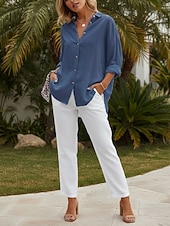 billiga Viktiga Falska Skjortor-Dam Skjorta Button Down skjorta Casual skjorta Knappar Slät Stylish Klassisk Modern Långärmad Tröjkrage Vanliga toppar Dagligen Helgdag Utekväll Blå Vit Rodnande Rosa Sommar Vår