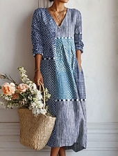 ieftine Rochii florale-Rochie Maxi pentru Femei din In Ușor și Respirabil Rochie Sundress Casual pentru Petreceri Vacanțe Croi Regular Floral Grafic Mâneci Lungi Gât în V Albastru Galben Roșu Portocalie Vară Primăvară