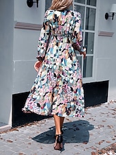 economico Abiti floreali-Per donna Abito Midi Abito a trapezio Vacanza Casual All'aperto Uscire Vestibilità regolare Floreale Manica Lunga Scollo a V Blu Verde Albicocca Estate Primavera Autunno