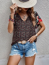 preiswerte Blumenblusen-Damen Bluse Druck Blumen Bohemien Vintage Lässig Kurzarm V Ausschnitt Normale Oberteile Täglich Ferien Ausgehen Blau Rote Braun Aprikose Sommer Frühling