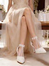cheap Bride-Women's White Pearl T-Strap High Heel Wedding Shoes – Elegant Bridal Heels for Church Wedding
