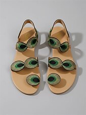 abordables Femmes-Sandales plates bohèmes brodées de paon pour femmes - sandales gladiateur artistiques à entre-doigts avec bride cheville, chaussures de plage d'été confortables pour les vacances tropicales et les